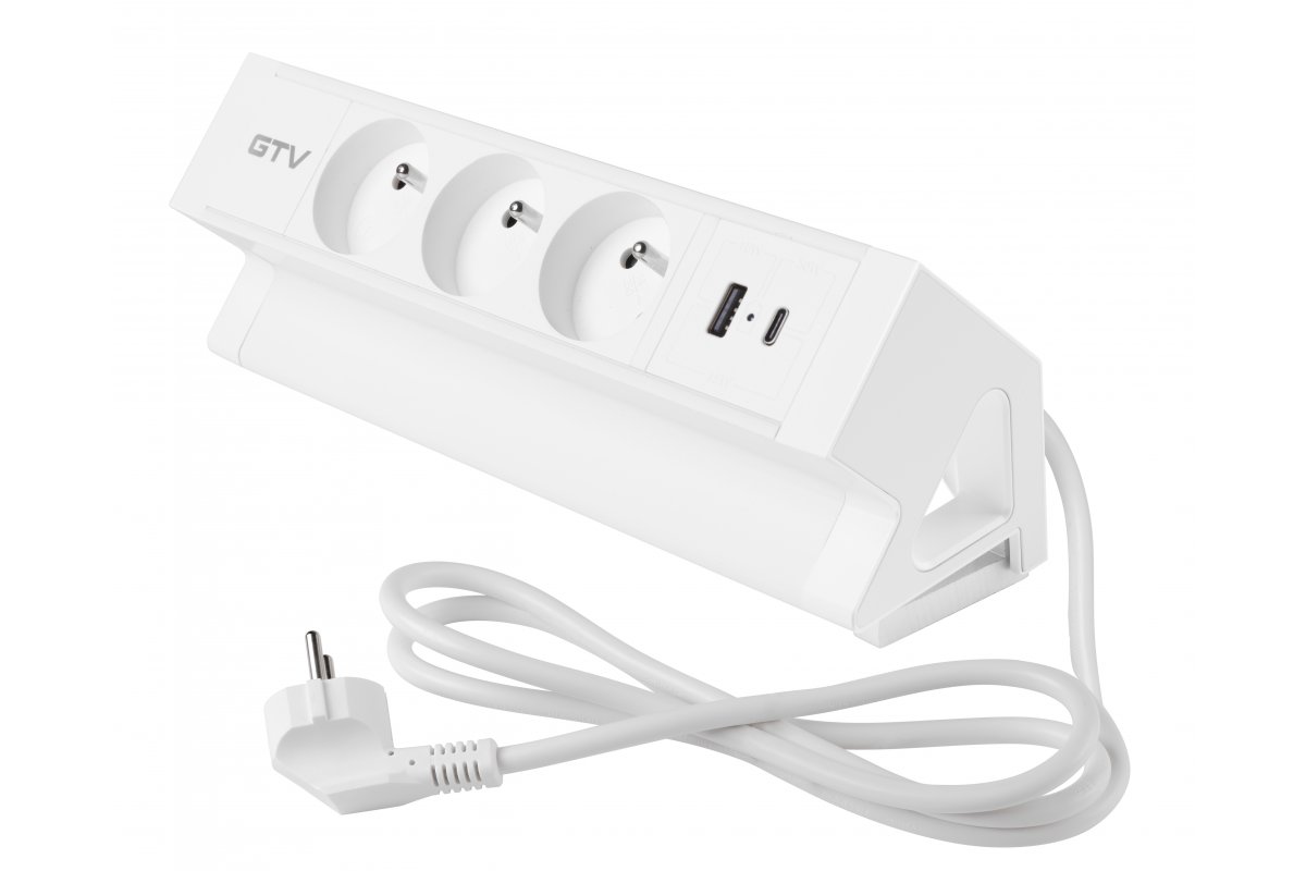 Gniazdo meblowe Basco, 3 x gniazdo z uziemieniem, USB A+C, kabel 1,5 m, białe z montażem