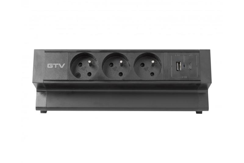 Gniazdo meblowe Basco, 3 x gniazdo z uziemieniem, USB A+C, kabel 1,5 m, czarne z montażem