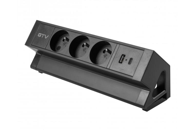 Gniazdo meblowe Basco, 3 x gniazdo z uziemieniem, USB A+C, kabel 1,5 m, czarne z montażem