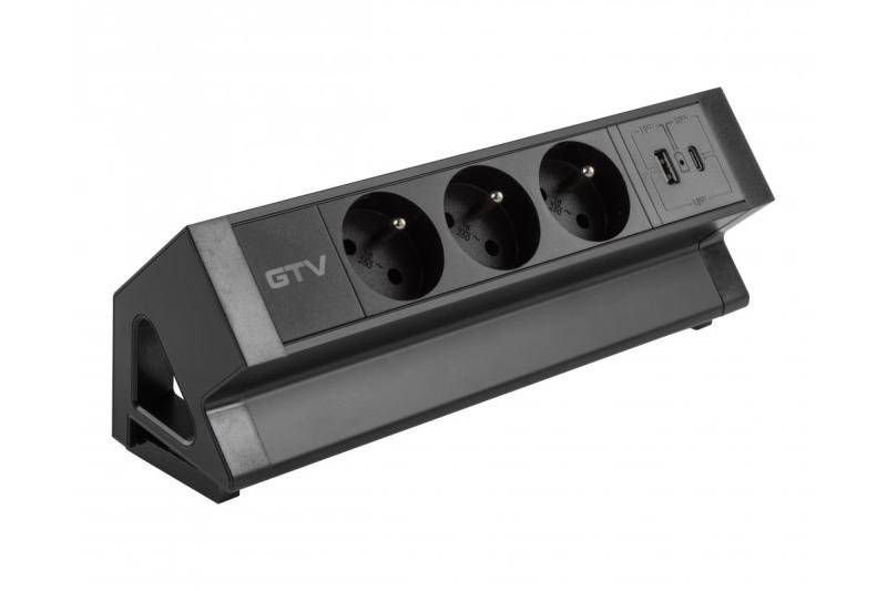 Gniazdo meblowe Basco, 3 x gniazdo z uziemieniem, USB A+C, kabel 1,5 m, czarne z montażem