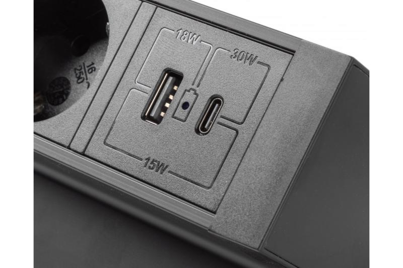 Gniazdo meblowe Basco, 3 x gniazdo z uziemieniem, USB A+C, kabel 1,5 m, czarne z montażem