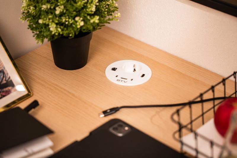 Gniazdo meblowe RONDO, 1xSCHUKO, 1xUSB-A, 2xUSB-C, HDMI, kabel RJ45 1,5 m, białe