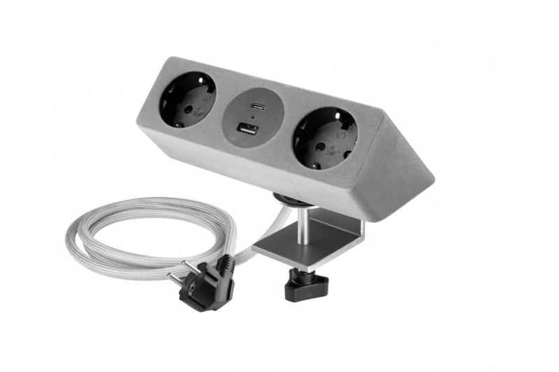 Gniazdo meblowe SOFITO, 2xSCHUKO, USB A+C, kabel 1,5 m, szary flock