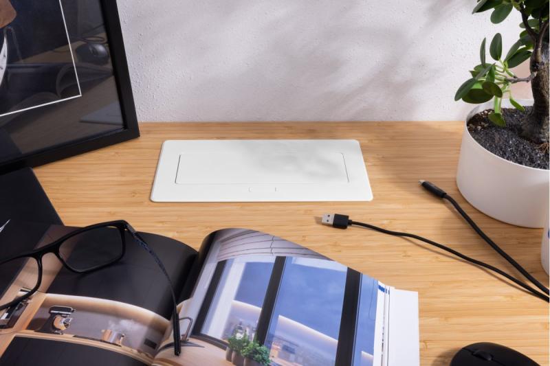 Gniazdo meblowe MULTISOFT, 2xSCHUKO, USB A+C, RJ45, kabel 1,5 m, białe