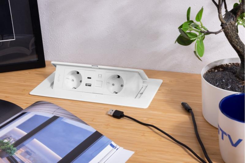 Gniazdo meblowe MULTISOFT, 2xSCHUKO, USB A+C, RJ45, kabel 1,5 m, białe