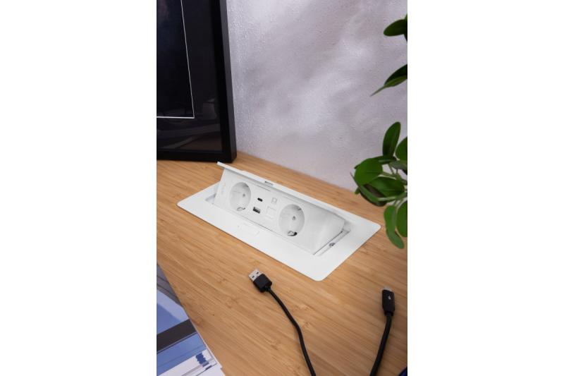 Gniazdo meblowe MULTISOFT, 2xSCHUKO, USB A+C, RJ45, kabel 1,5 m, białe