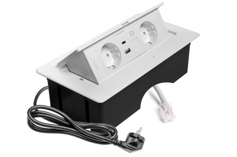 Gniazdo meblowe MULTISOFT, 2xSCHUKO, USB A+C, RJ45, kabel 1,5 m, białe