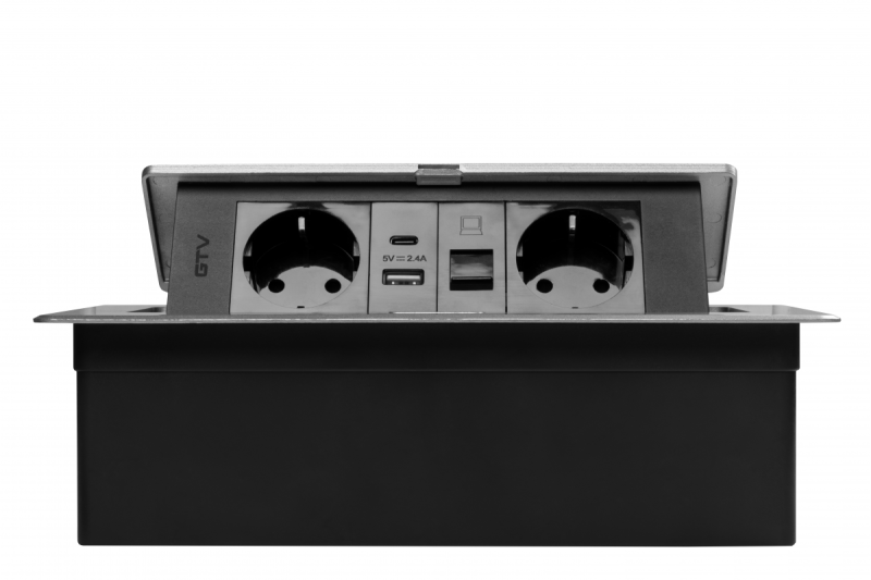 Gniazdo meblowe MULTISOFT, 2xSCHUKO, USB A+C, RJ45, kabel 1,5 m, aluminium