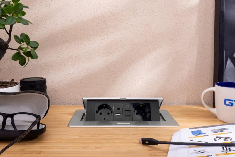 Gniazdo meblowe MULTISOFT, 2xSCHUKO, USB A+C, RJ45, kabel 1,5 m, aluminium