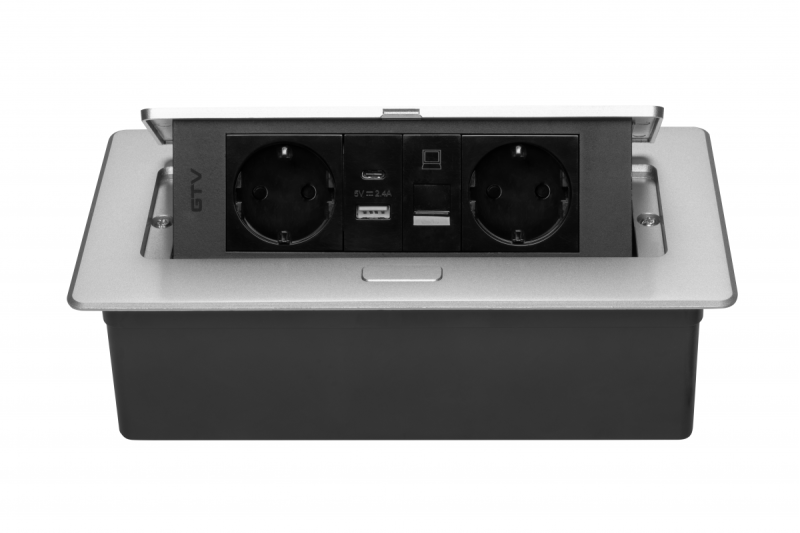 Gniazdo meblowe MULTISOFT, 2xSCHUKO, USB A+C, RJ45, kabel 1,5 m, aluminium