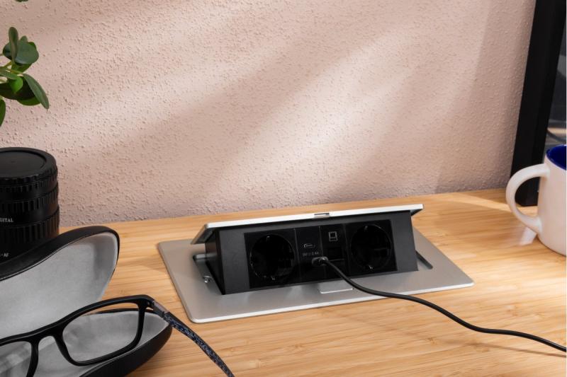 Gniazdo meblowe MULTISOFT, 2xSCHUKO, USB A+C, RJ45, kabel 1,5 m, aluminium