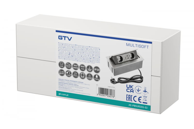 Gniazdo meblowe MULTISOFT, 2xSCHUKO, USB A+C, RJ45, kabel 1,5 m, aluminium