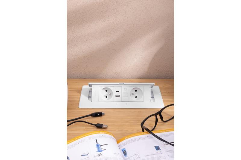 MULTISOFT Gniazdo Meblowe 2x Gniazdo z Uziemieniem, USB A+C, RJ45, Kabel Zasilający z Wtyczką, Białe