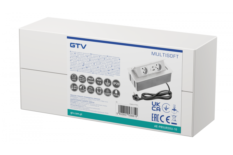 MULTISOFT Gniazdo Meblowe 2x Gniazdo z Uziemieniem, USB A+C, RJ45, Kabel Zasilający z Wtyczką, Białe