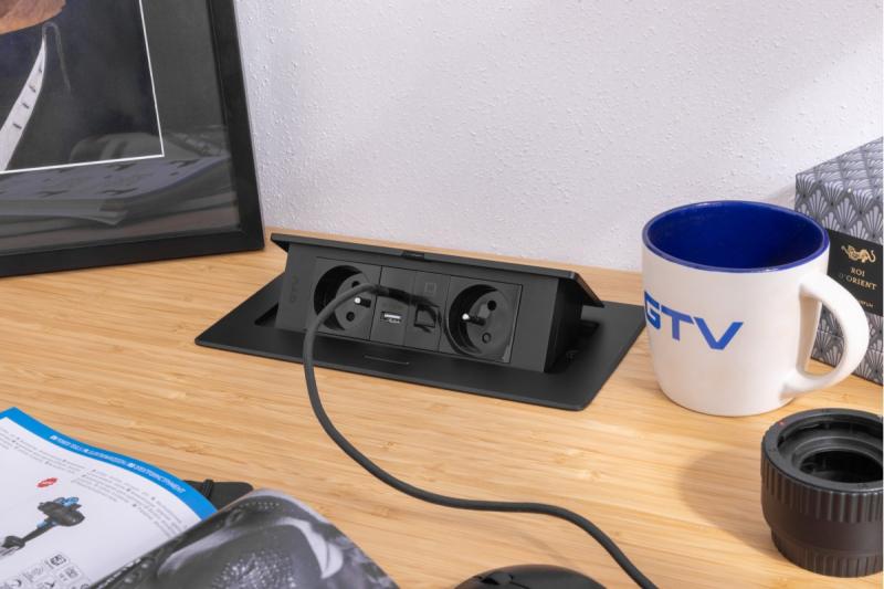 MULTISOFT Gniazdo Meblowe 2x Gniazdo z Uziemieniem, USB A+C, RJ45, Kabel Zasilający z Wtyczką, Czarny