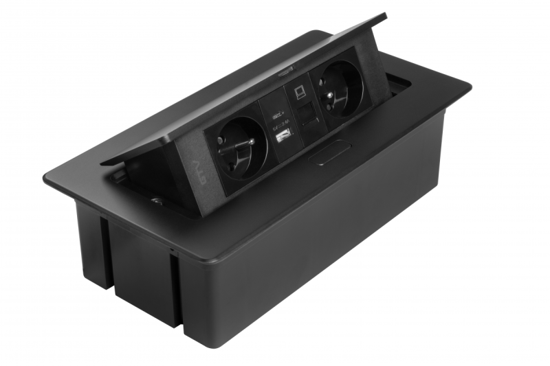 MULTISOFT Gniazdo Meblowe 2x Gniazdo z Uziemieniem, USB A+C, RJ45, Kabel Zasilający z Wtyczką, Czarny