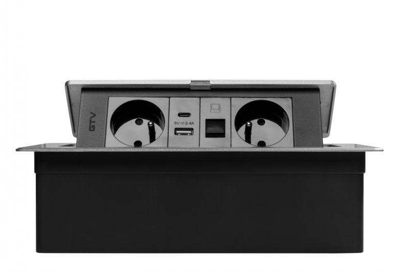 Gniazdo meblowe MULTISOFT 2x gniazdo z uziemieniem, USB A+C, RJ45, kabel zasilający z wtyczką, aluminium
