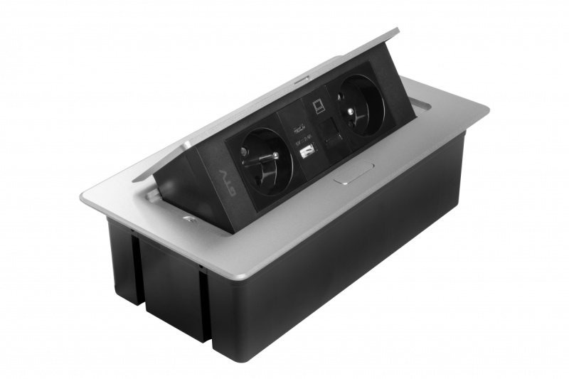 Gniazdo meblowe MULTISOFT 2x gniazdo z uziemieniem, USB A+C, RJ45, kabel zasilający z wtyczką, aluminium