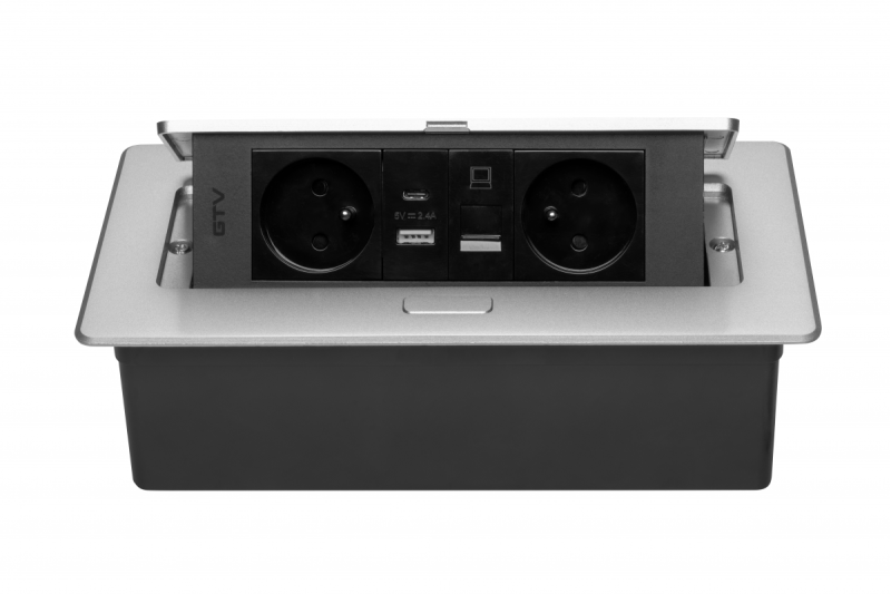 Gniazdo meblowe MULTISOFT 2x gniazdo z uziemieniem, USB A+C, RJ45, kabel zasilający z wtyczką, aluminium