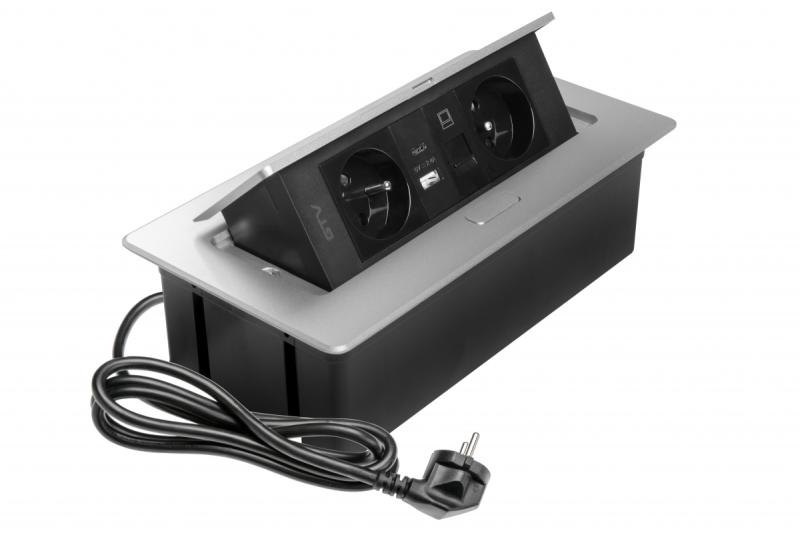 Gniazdo meblowe MULTISOFT 2x gniazdo z uziemieniem, USB A+C, RJ45, kabel zasilający z wtyczką, aluminium