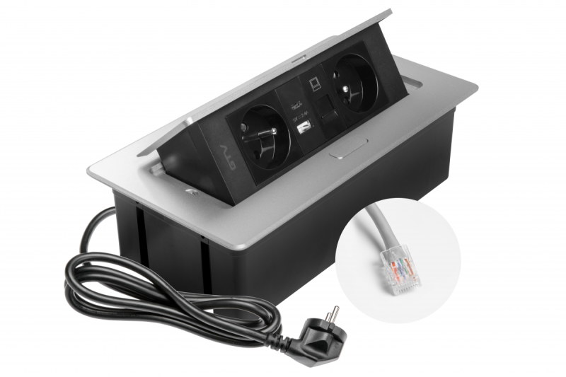 Gniazdo meblowe MULTISOFT 2x gniazdo z uziemieniem, USB A+C, RJ45, kabel zasilający z wtyczką, aluminium