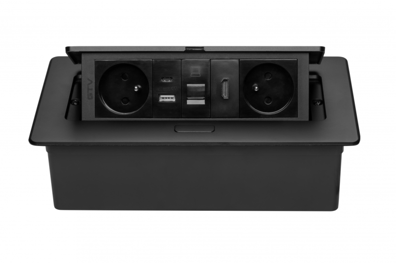 Gniazdo meblowe MULTISOFT, 2xSHUKO, USB A+C, RJ45, kabel HDMI 1,5 m, czarny