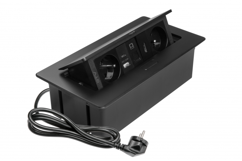 Gniazdo meblowe MULTISOFT, 2xSHUKO, USB A+C, RJ45, kabel HDMI 1,5 m, czarny