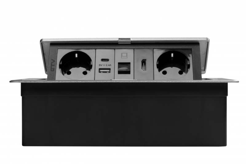 Gniazdo meblowe MULTISOFT, 2xSCHUKO, USB A+C, RJ45, kabel HDMI 1,5 m, aluminium