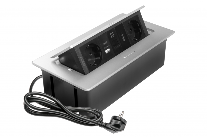 Gniazdo meblowe MULTISOFT, 2xSCHUKO, USB A+C, RJ45, kabel HDMI 1,5 m, aluminium