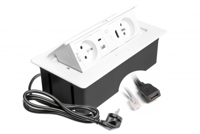 Gniazdo meblowe MULTISOFT 2x gniazdo z uziemieniem, USB A+C, RJ45, HDMI, kabel zasilający z wtyczką, białe