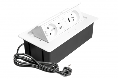 Gniazdo meblowe MULTISOFT 2x gniazdo z uziemieniem, USB A+C, RJ45, HDMI, kabel zasilający z wtyczką, białe