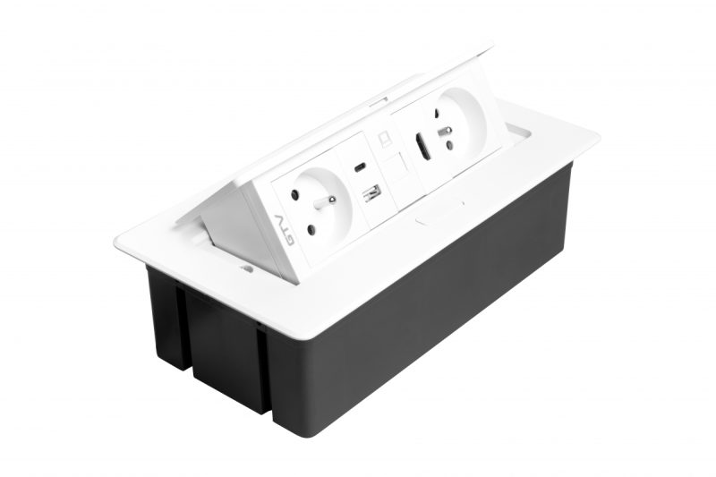 Gniazdo meblowe MULTISOFT 2x gniazdo z uziemieniem, USB A+C, RJ45, HDMI, kabel zasilający z wtyczką, białe