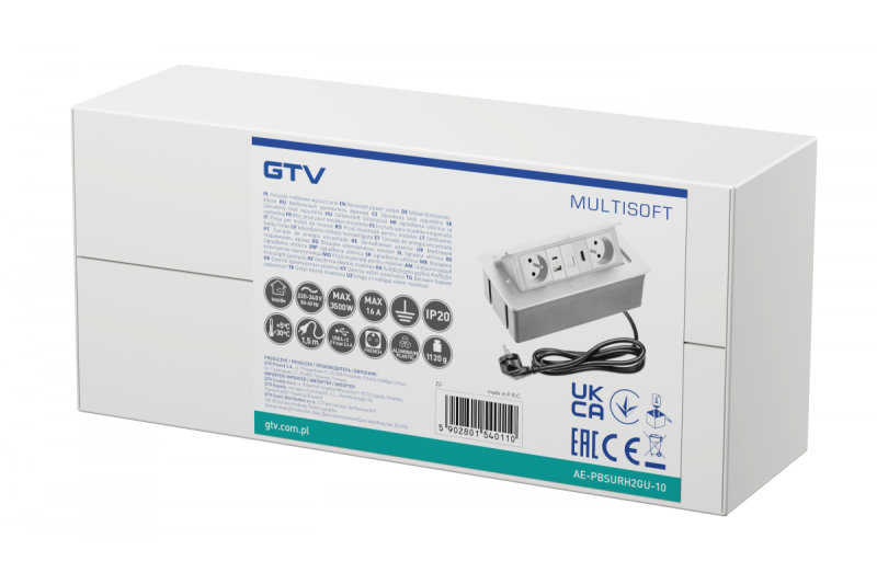 Gniazdo meblowe MULTISOFT 2x gniazdo z uziemieniem, USB A+C, RJ45, HDMI, kabel zasilający z wtyczką, białe