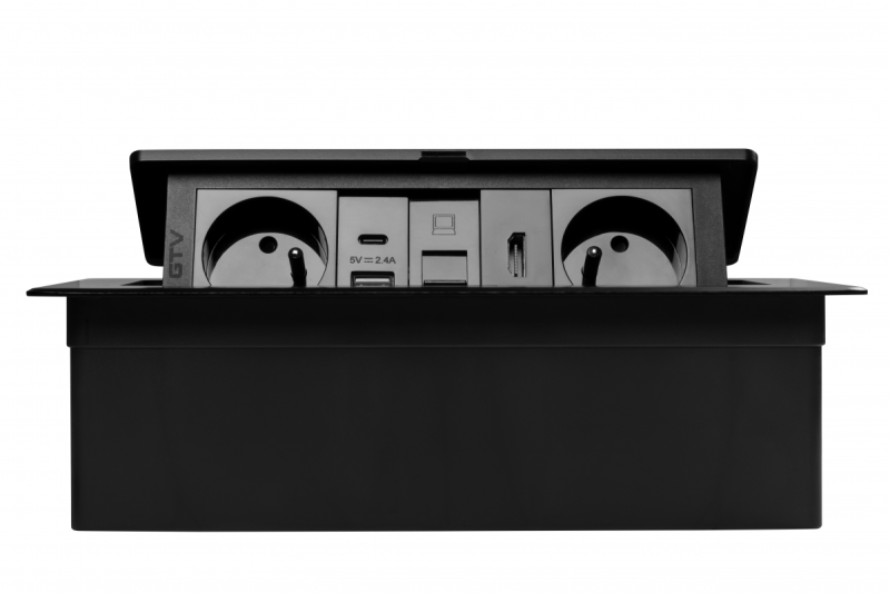 Gniazdo meblowe MULTISOFT 2x Gniazdo z Uziemieniem, USB A+C, RJ45, HDMI, Kabel Zasilający z Wtyczką, Czarny