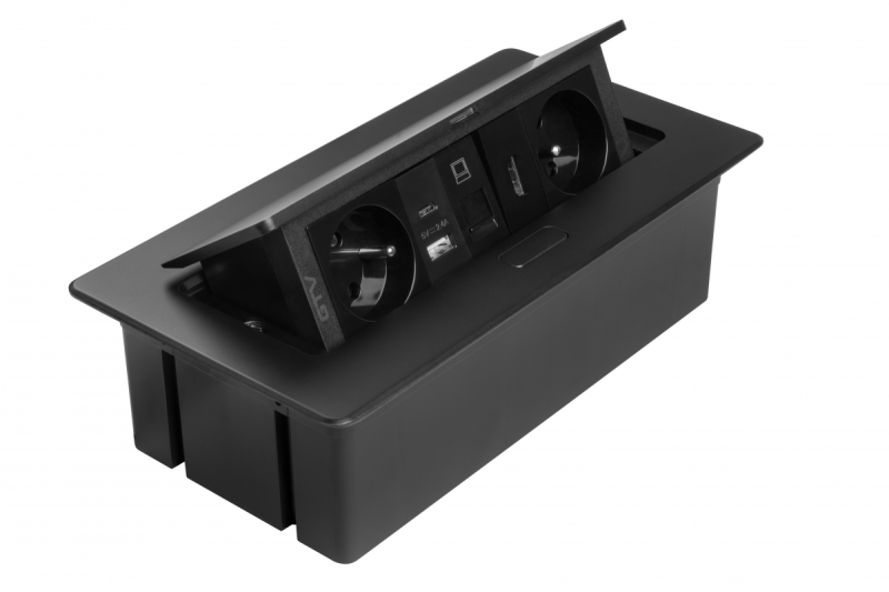 Gniazdo meblowe MULTISOFT 2x Gniazdo z Uziemieniem, USB A+C, RJ45, HDMI, Kabel Zasilający z Wtyczką, Czarny