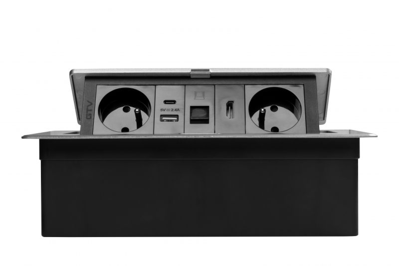 Gniazdo meblowe MULTISOFT 2x Gniazdo z uziemieniem, USB A+C, RJ45, HDMI, Kabel zasilający z wtyczką, Aluminium