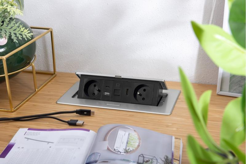 Gniazdo meblowe MULTISOFT 2x Gniazdo z uziemieniem, USB A+C, RJ45, HDMI, Kabel zasilający z wtyczką, Aluminium