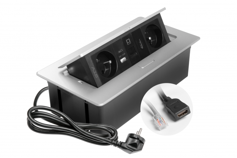 Gniazdo meblowe MULTISOFT 2x Gniazdo z uziemieniem, USB A+C, RJ45, HDMI, Kabel zasilający z wtyczką, Aluminium
