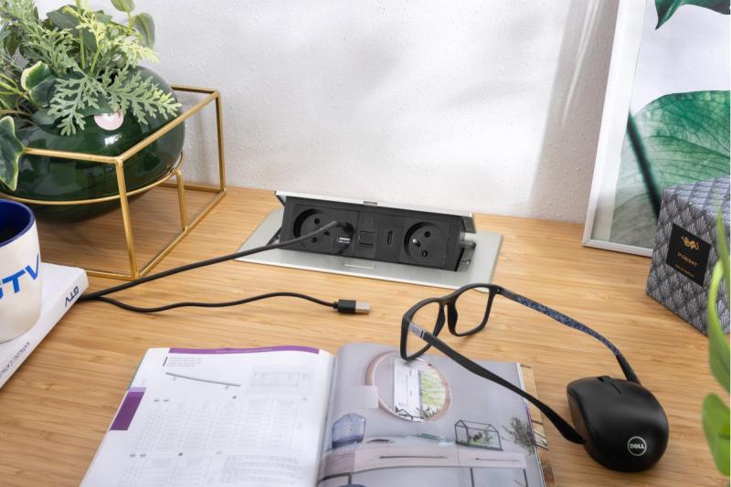 Gniazdo meblowe MULTISOFT 2x Gniazdo z uziemieniem, USB A+C, RJ45, HDMI, Kabel zasilający z wtyczką, Aluminium