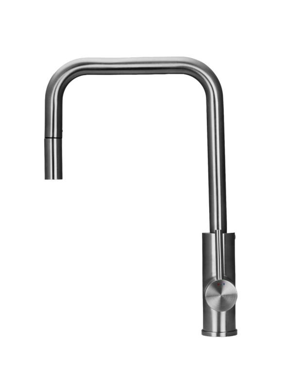 Pure.Sink Luxion Solidna bateria kuchenna ze stali nierdzewnej, kwadratowa, z wyciąganą wylewką PLXSQUA-02
