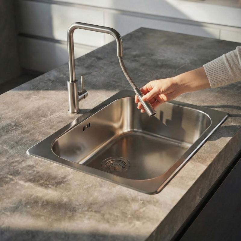 Pure.Sink Luxion Solidna bateria kuchenna ze stali nierdzewnej, kwadratowa, z wyciąganą wylewką PLXSQUA-02