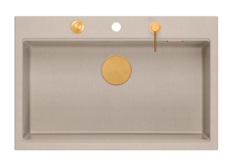 Quadri Hard Rock Beige granitowy zlew montowany na wierzchu o wymiarach 76x50cm, w zestawie z miedzianą zatyczką i akcesoriami 1208971750