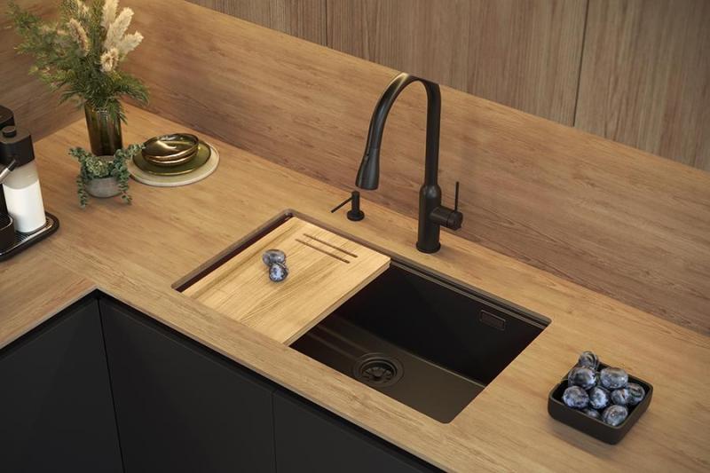 Quadri Newport II duży i głęboki zlew granitowy do montażu na wierzchu i na dole, beżowy zlew 76x45cm z miedzianą zatyczką 1208971758