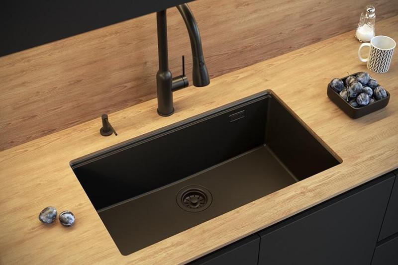 Quadri Newport II duży i głęboki zlew granitowy do montażu na wierzchu i na dole, beżowy zlew 76x45cm z miedzianą zatyczką 1208971758