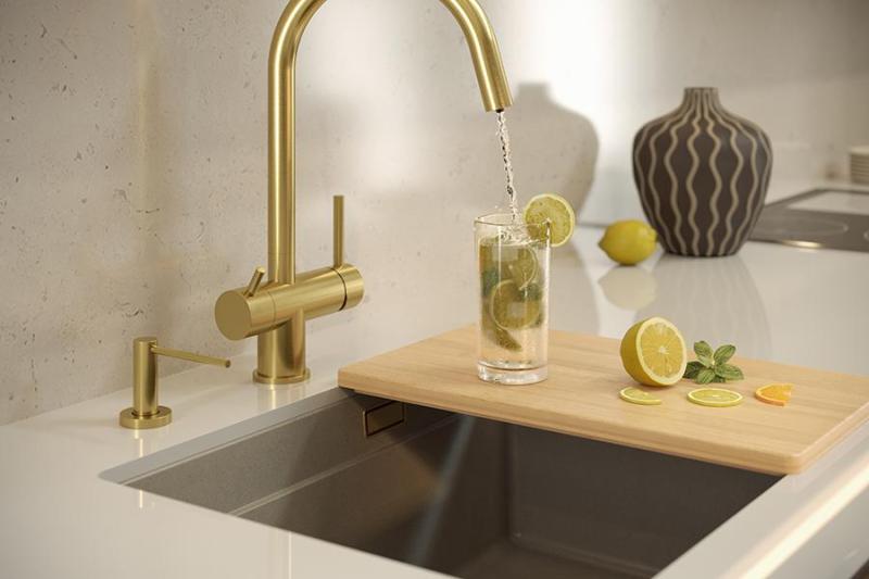 Quadri Newport II granitowy zlew podblatowy beżowy 560x450mm z złotą wtyczką i korkiem odpływowym 1208971765