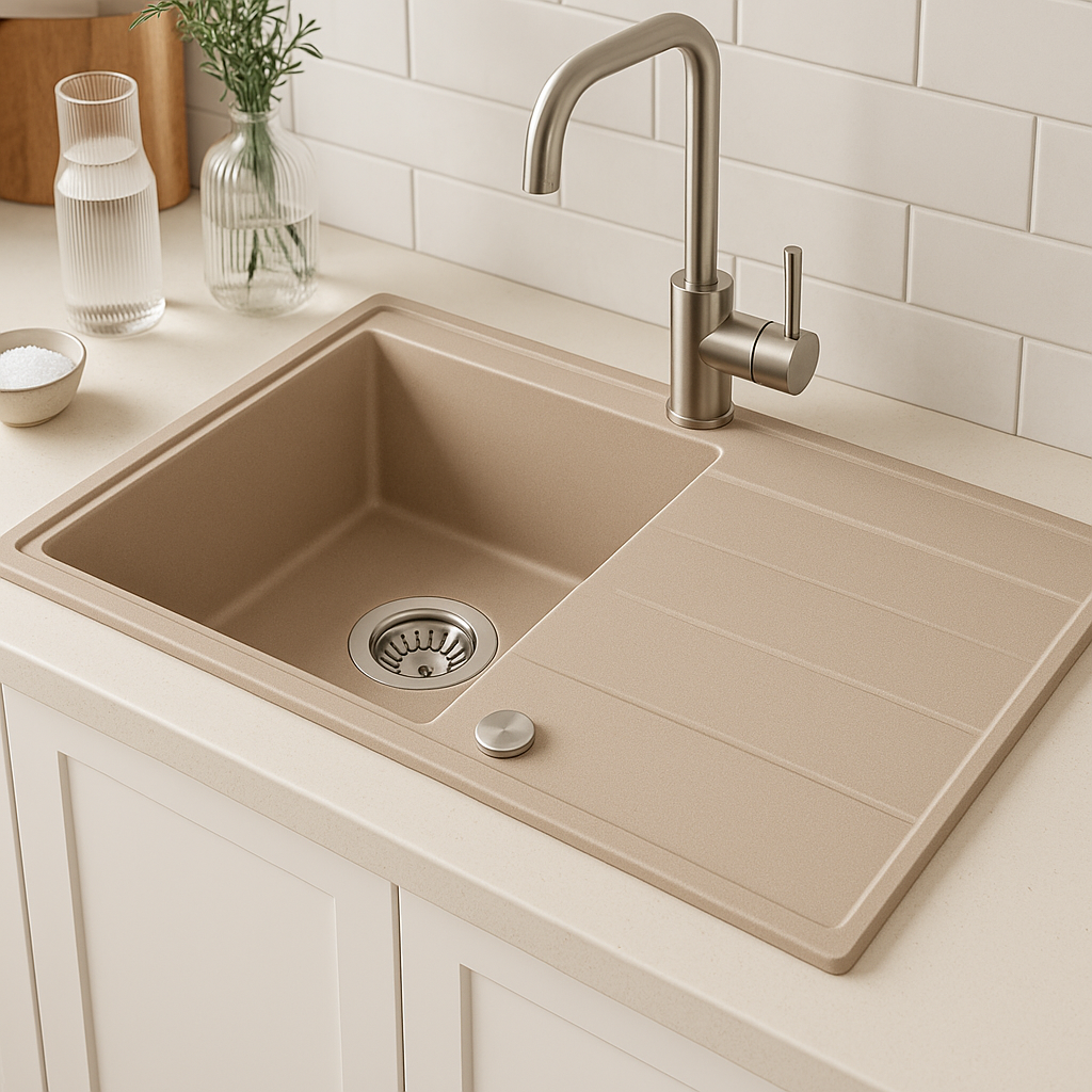 Quadri Luton beżowy granitowy zlew nawierzchniowy z powierzchnią do ociekania, odwracalny 86x50cm z korkiem ze stali nierdzewnej 1208971779 - Productafbeelding 2
