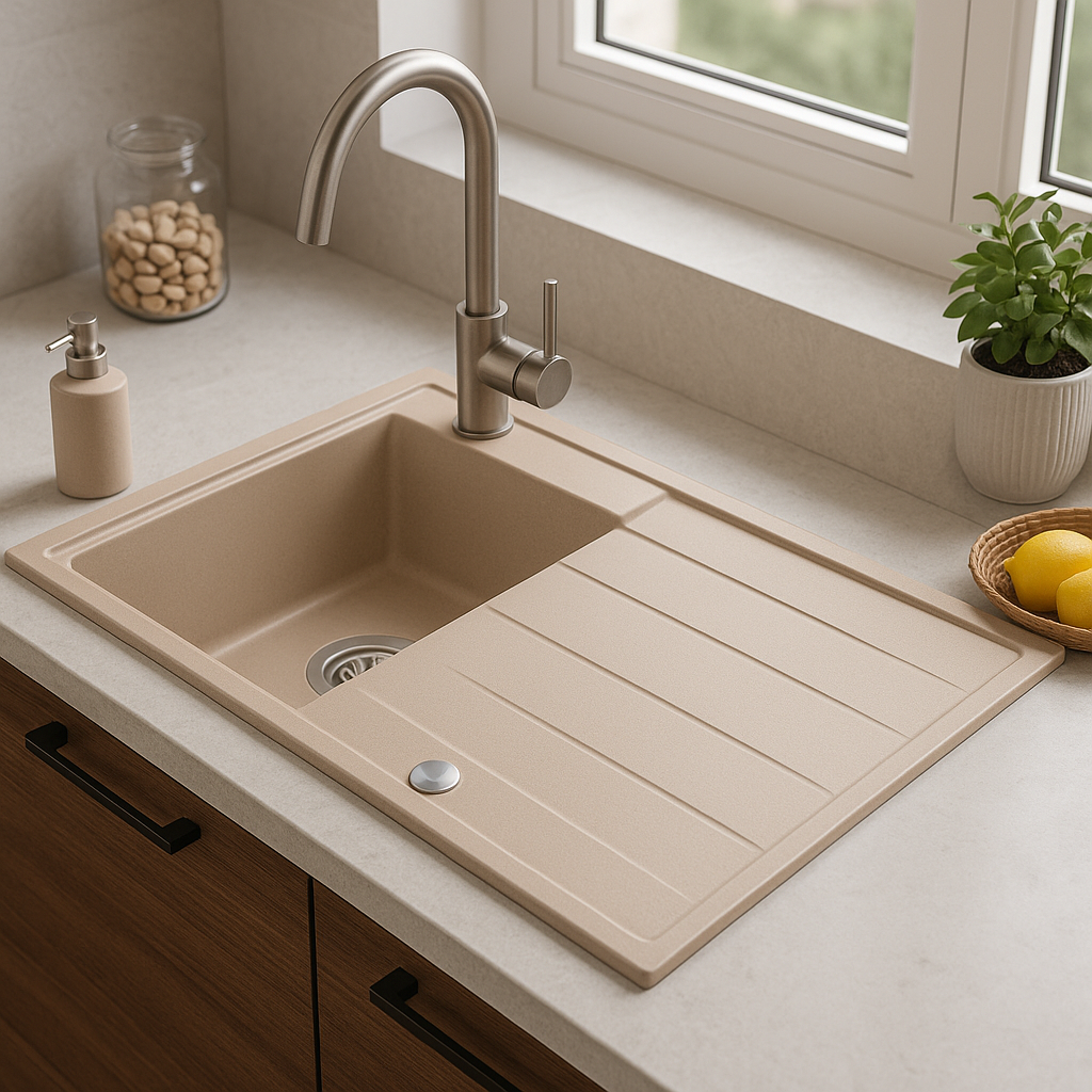 Quadri Luton beżowy granitowy zlew nawierzchniowy z powierzchnią do ociekania, odwracalny 86x50cm z korkiem ze stali nierdzewnej 1208971779 - Productafbeelding 3