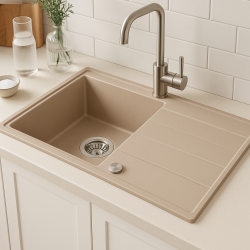 Quadri Luton beżowy granitowy zlew nawierzchniowy z ociekaczem, odwracalny 86x50cm z korkiem ze stali nierdzewnej 1208971779