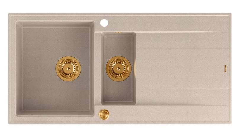 Quadri Luton pearl beige granitowy zlewozmywak nakładany 1,5 komory z ociekaczem odwracalny 100x50cm z miedzianą wtyczką 1208971792