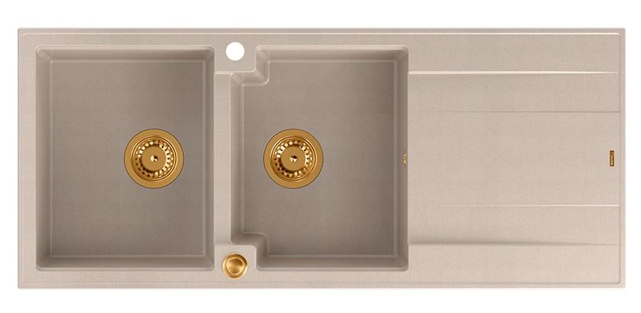 Quadri Luton konstrukcja podwójnego granitowego zlewu pearl beige z częścią ociekową 116x50 cm z miedzianą zatyczką 1208971801 - Productafbeelding